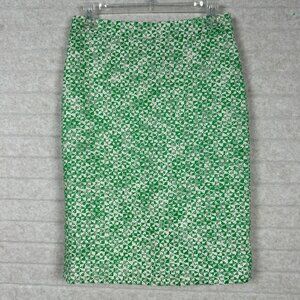 J. Crew No. 2 Pencil Skirt Size 0 Green & White Geometric Pattern Boucle Cotton